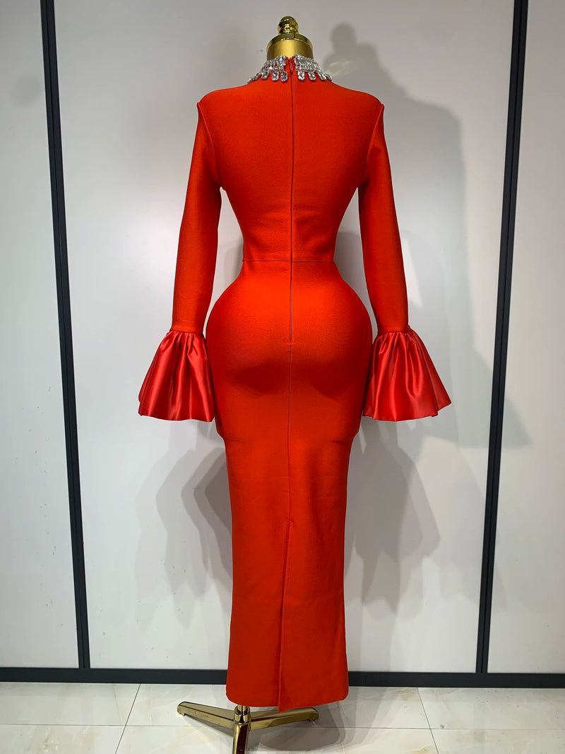 Sparkly Diamonds Neck Flare Sleeve Red Long Bandage Dress