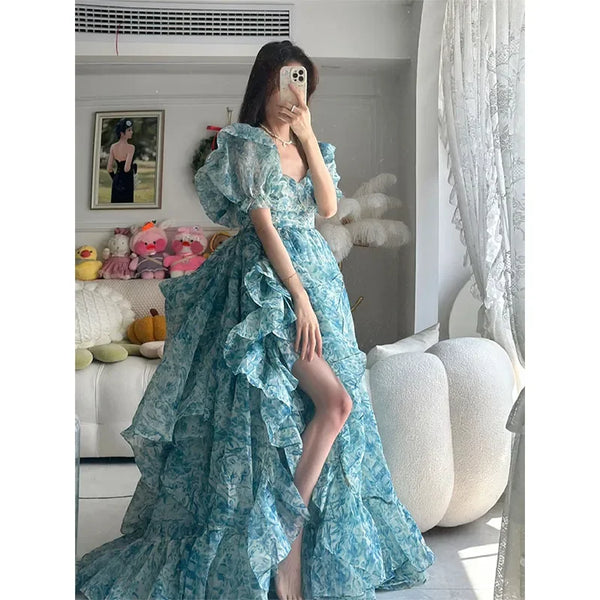 Floral Puff Sleeve Elegant Princess Long Dress