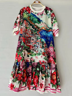 Elegant geometric printing short sleeve loose dress