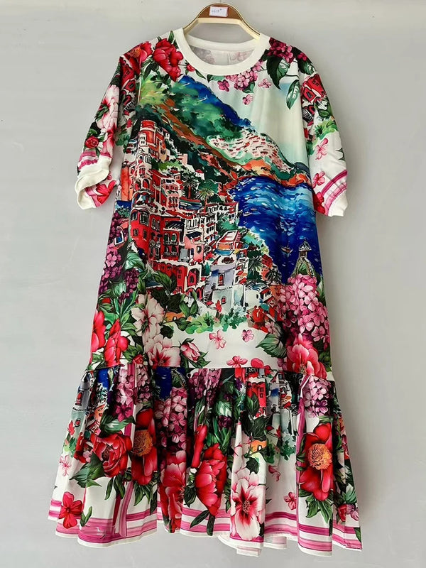 Elegant geometric printing short sleeve loose dress