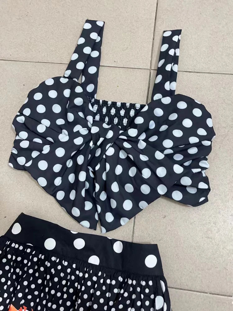 Retro Polka top halter wear + high waist geometric print loose skirt set