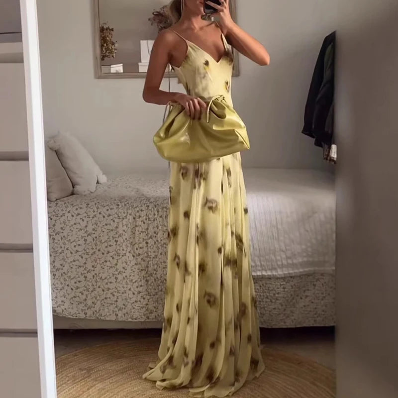 V-neck Swing Hight Waist Long Sleeveless Dress