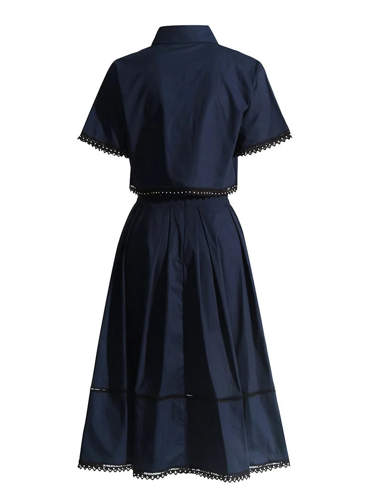 Elegant Lapel Short Sleeve Top High Waist A Line Pleated Skirt