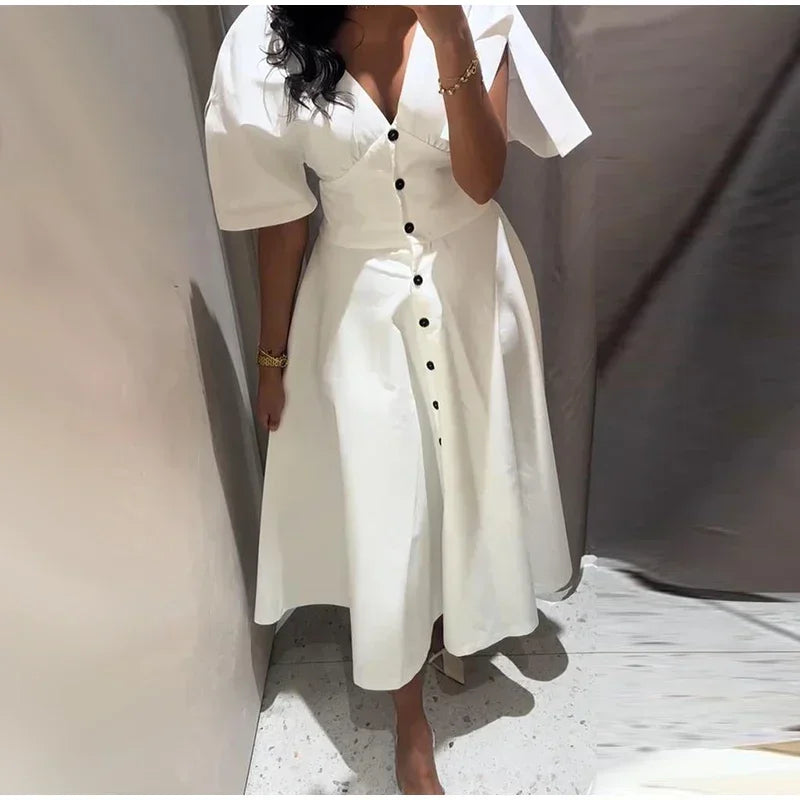 Elegant Breasted Long V-Neck Short Sleeve A-line Dress