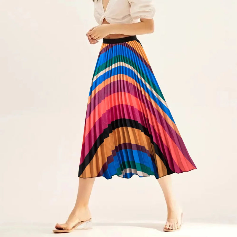 Printed elastic mid length A-line pressed pleated skirt