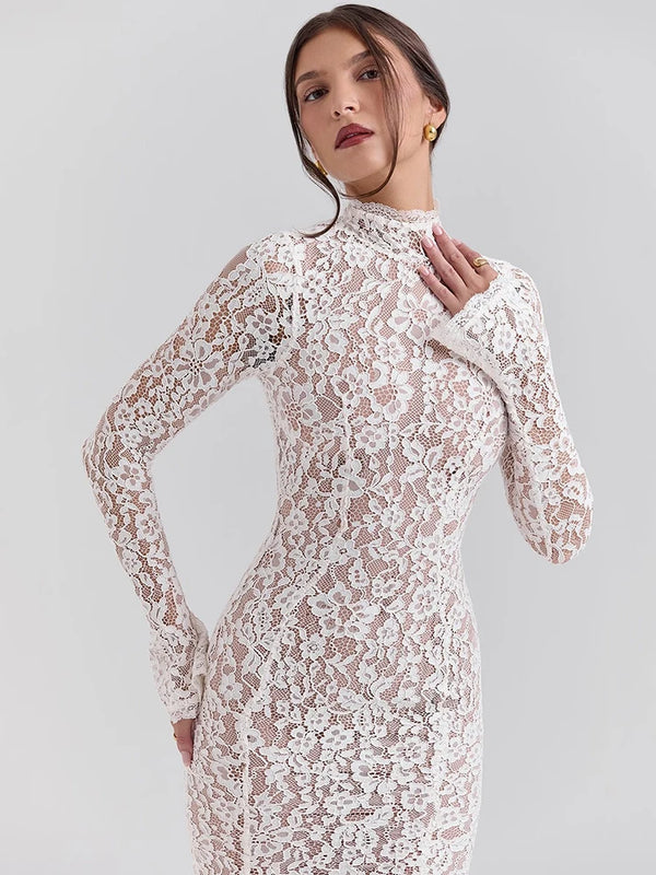 Elegant White Half High Collar High Waist Lace Long Sleeve Dress