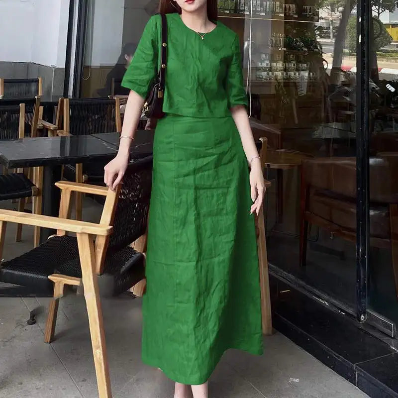 Casual Short Sleeve Crop Tops Suit Long Skirts