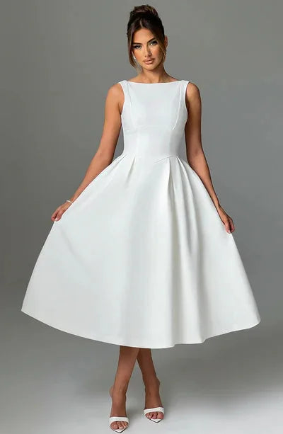 White O Neck Backless Pleated Elegant Long Summer Dress