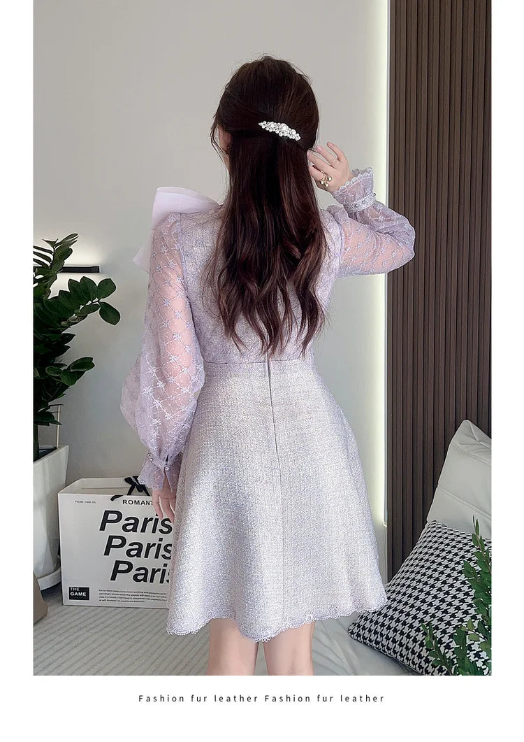 Elegant Bubble Long Sleeve Stand Collar Embroidery A-Line Dress