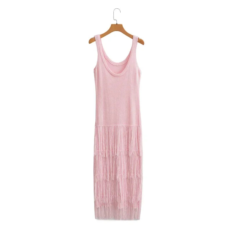 Elegant Knitted Fringed Tank Sleeveless  Dress