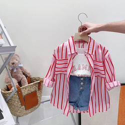 Striped Long-sleeved Shirt + Monogram Vest+Denim Shorts 3pcs 3 To 7 Years