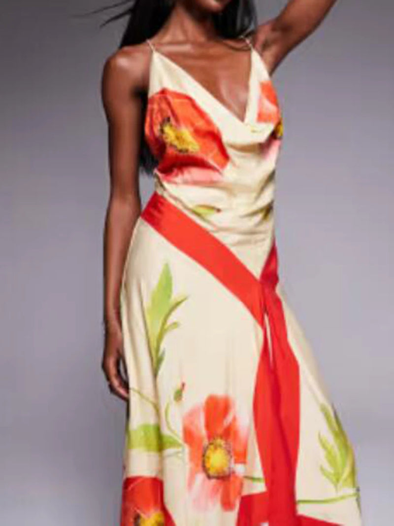 V- Neck Irregular Backless Halter Dress