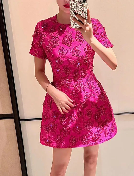 Beaded Floral Jacquard Trimmed Dress