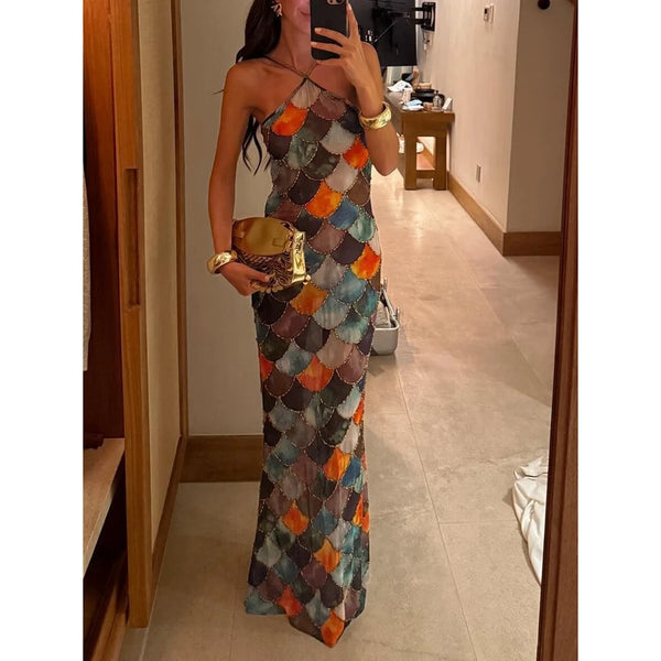 Chic Sequins Scale Bohemian Sleeveless Off Shoulder Halter Neck Long Dress