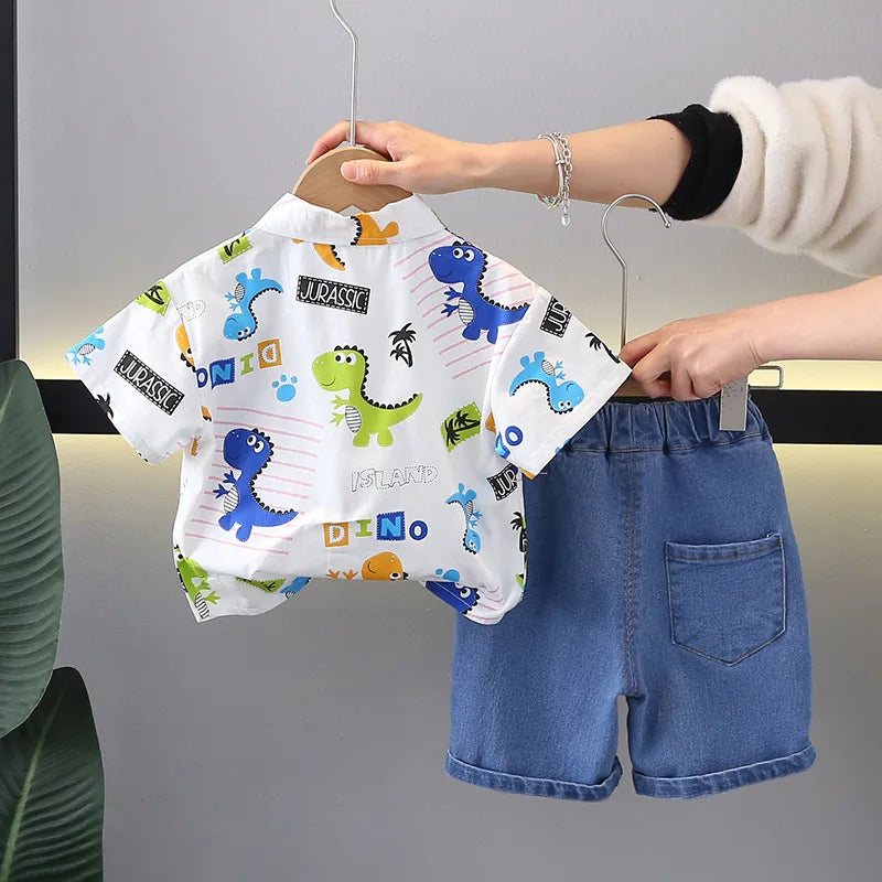 Toddler Boys Print Animal Short Sleeve Shirts + Shorts Suits