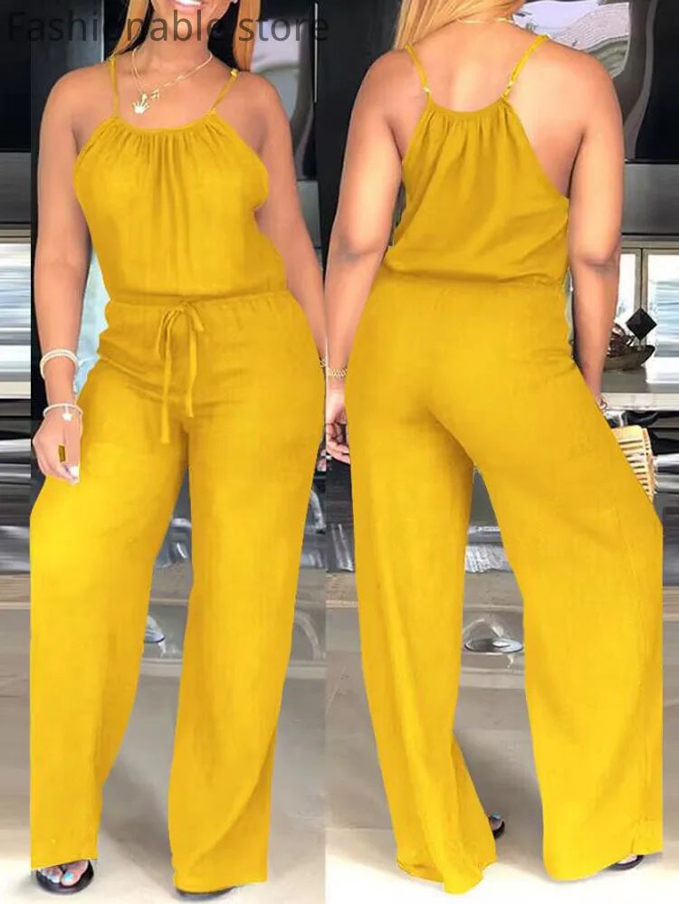 Women Casual Solid Spaghetti Strap Drawstring Jumpsuit