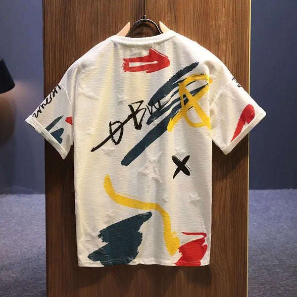 Summer Faux Cotton T-shirt Street Graffiti Print Loose Top