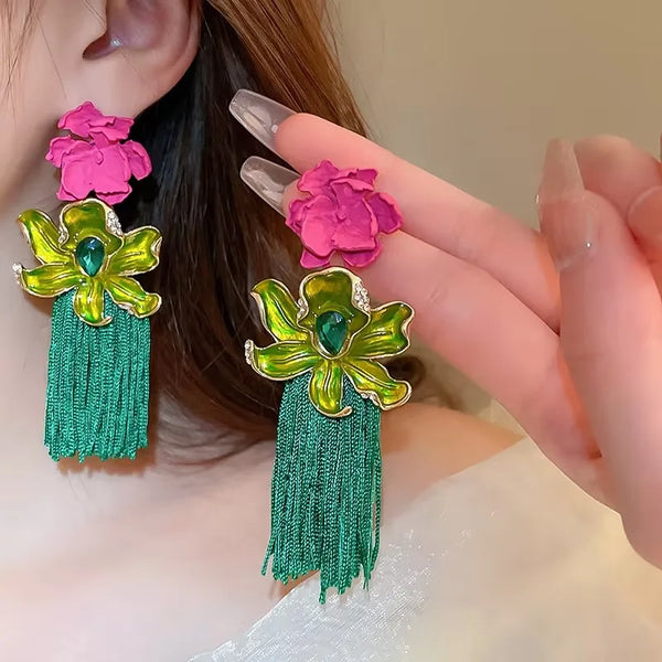 Flower Exaggerated Long Tassel Earrings