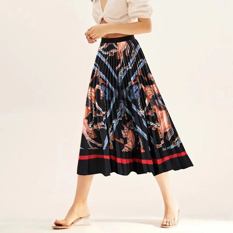Printed elastic mid length A-line pressed pleated skirt