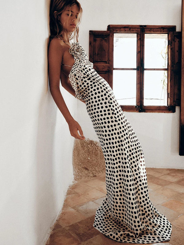 Backless  Print Dots Flower Strap Evening Dress Autumn