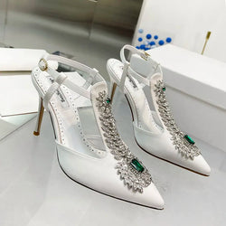 Rhinestone Pointed Toe High Heels Satin