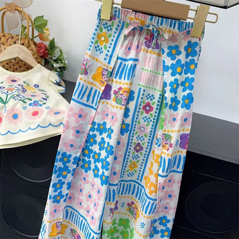 Bohemian Style Floral Sleeveless Top + Wide-leg Pants