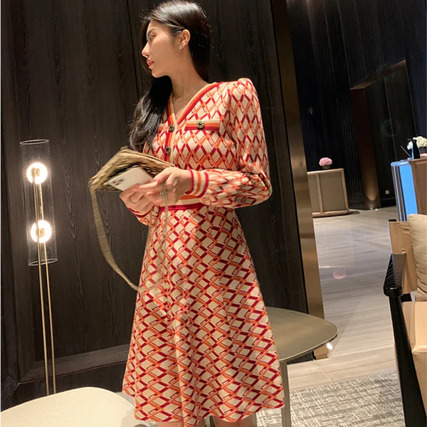 Autumn Winter Vintage Knit Dress V Neck Long Sleeve