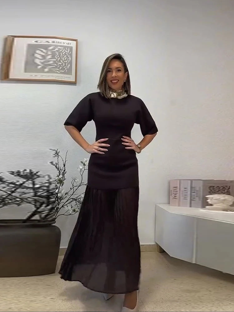 Pleated Elegant O-neck Half Sleeve Maxi Dress