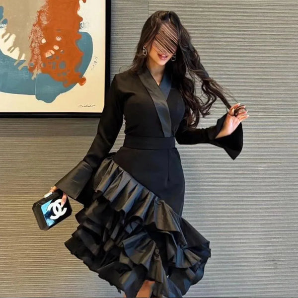 Elegant Cocktail Dresses Black Satin Ruffles