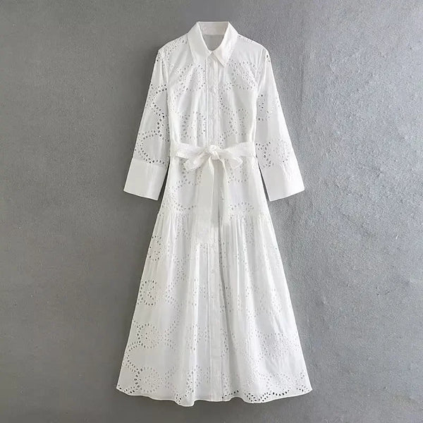 White Embroidery Single Breasted Midi Vintage Lapel Neck Long Sleeves Dress with Belt