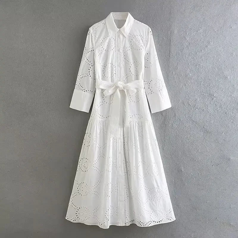 White Embroidery Single Breasted Midi Vintage Lapel Neck Long Sleeves Dress with Belt