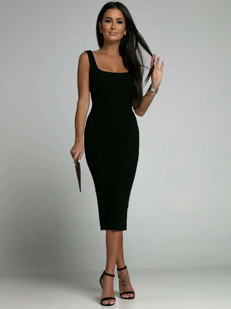 Elegant hip hugging tight temperament U-neck dress