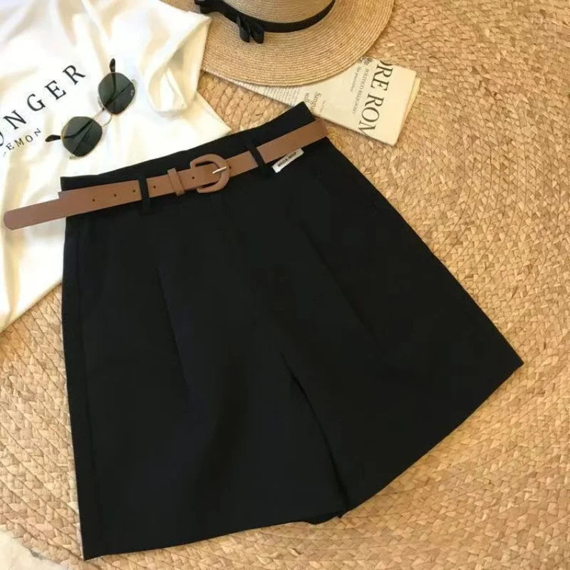 Chic Office Lady's Shorts With Belt Straight Leg