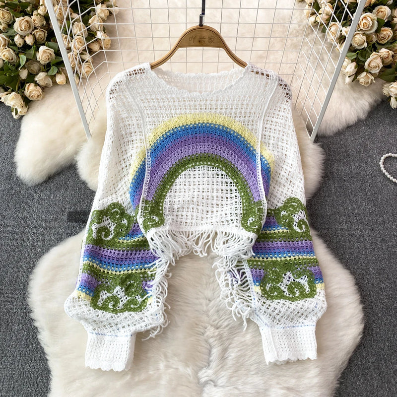 Embroidery Rainbow Crochet Top Sheer Openwork Pullover