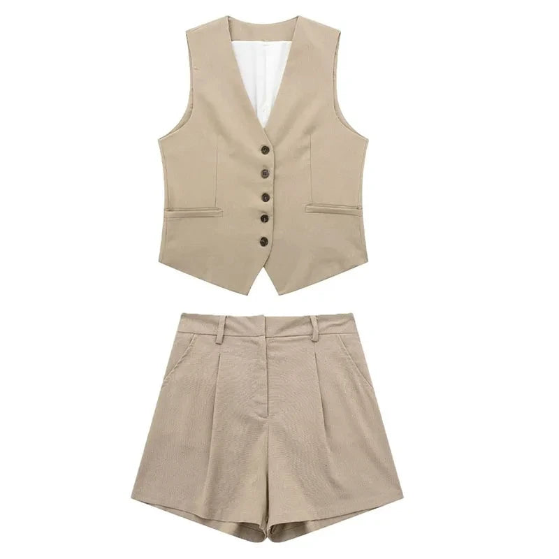 Sleeveless Vest Top+High Waist Slim Shorts 2 Pieces Set