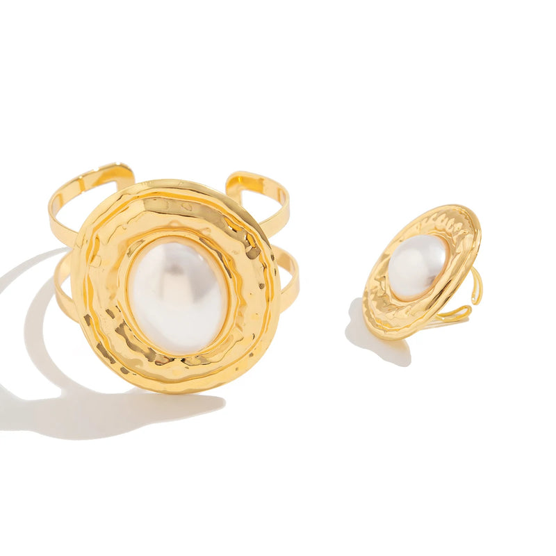 2Pcs/Set Exaggerated Circle Chunky Adjustable Open Cuff Bangles Imitation Pearl Rings