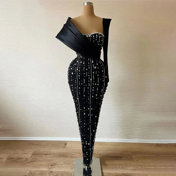 Black One - Shoulder Evening Dresses with Rhinestone Encrusted Bodycon Dress