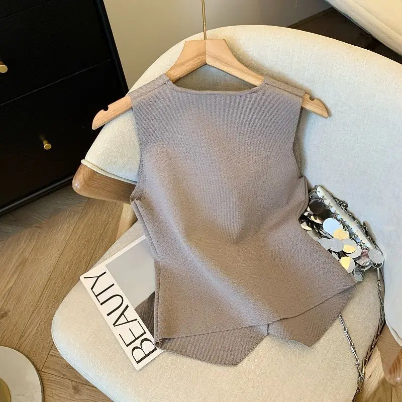 French Style V-neck Sleeveless Knitted Aesthetic Tank