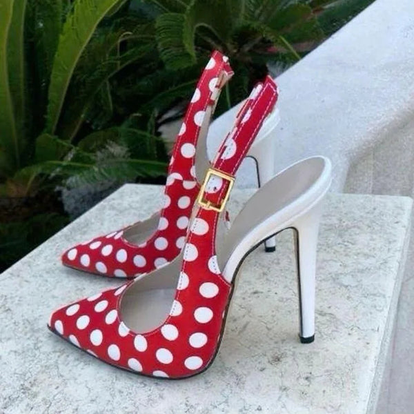 Polka Dot Pointed Toe Red White Mixed Colors Thin Heels