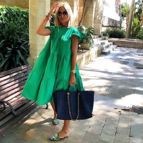 Casual Loose Ruffles O-neck Pure Short Sleeve Dress