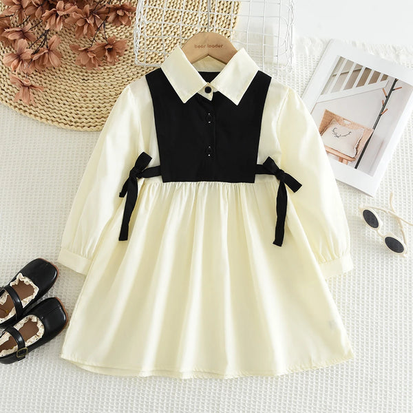 3 To 7 Years Old Long Sleeved Blocked Lapel Button Dress