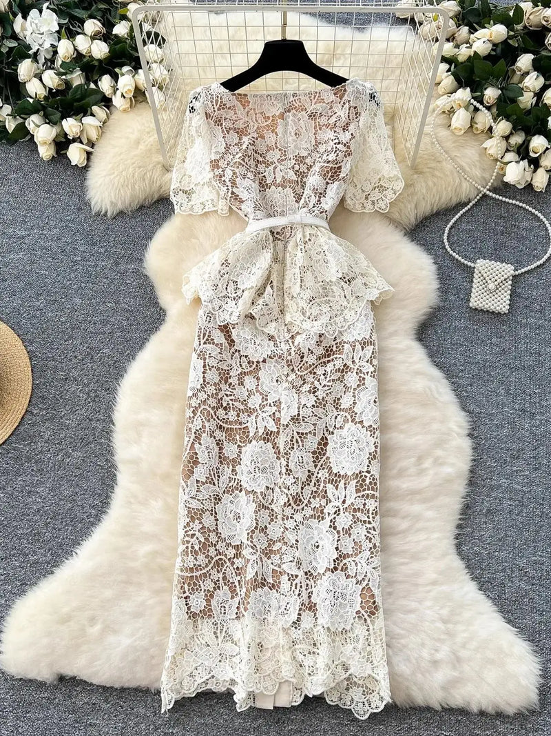 Elegant Hollow Out Flower Embroidery Lace Dress