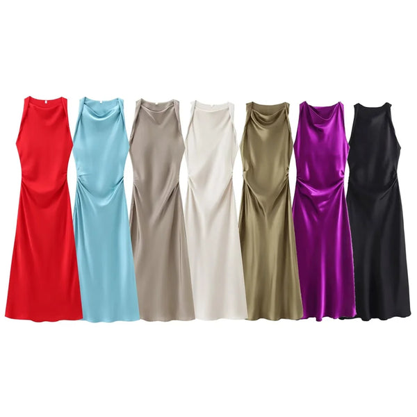 slim fit sleeveless silk satin dress