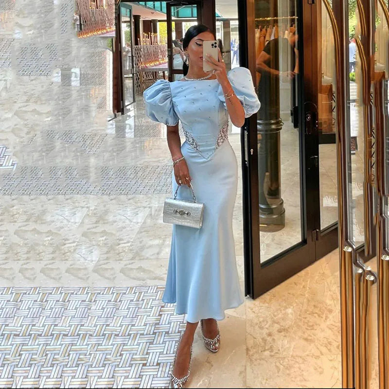 CAMINA Elegant Short Sleeves Satin Dress