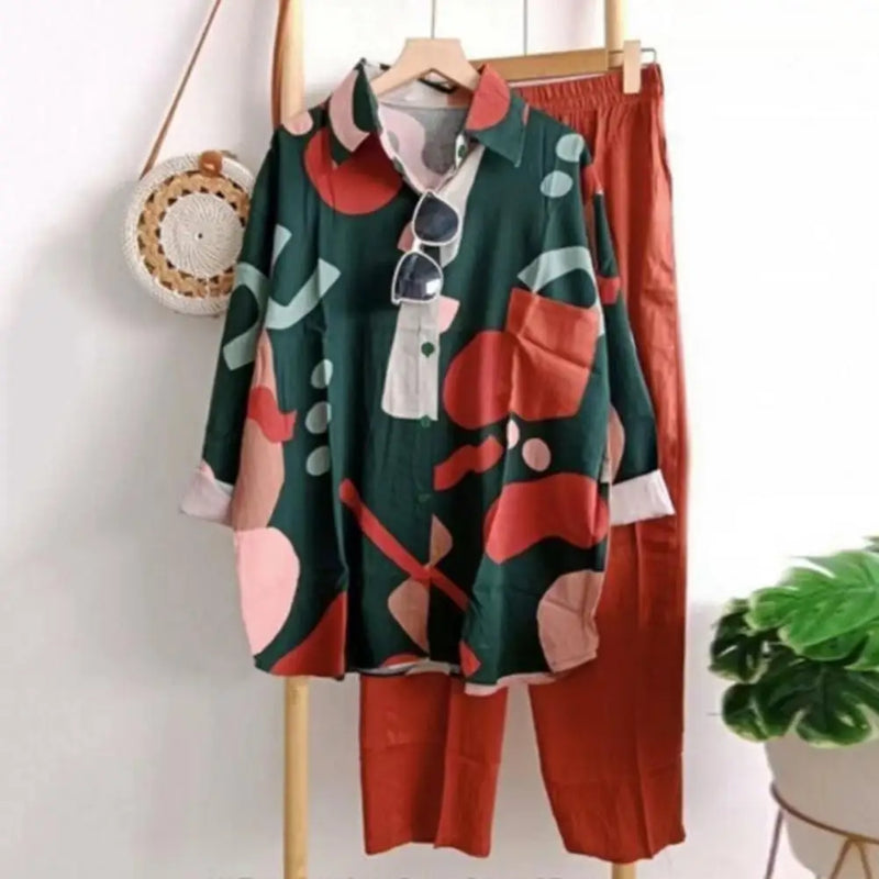 Women Shirt with Wide Leg Trousers Long Sleeve Blouse
