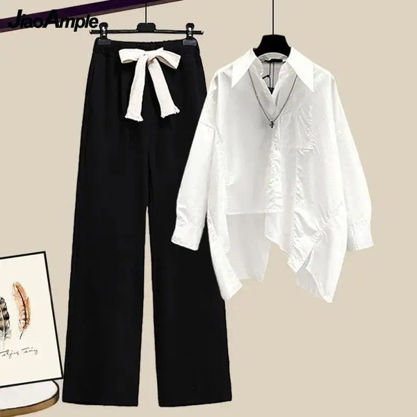 Splicing Shirt+Elastic Waist Wide Leg Pants Two Piece