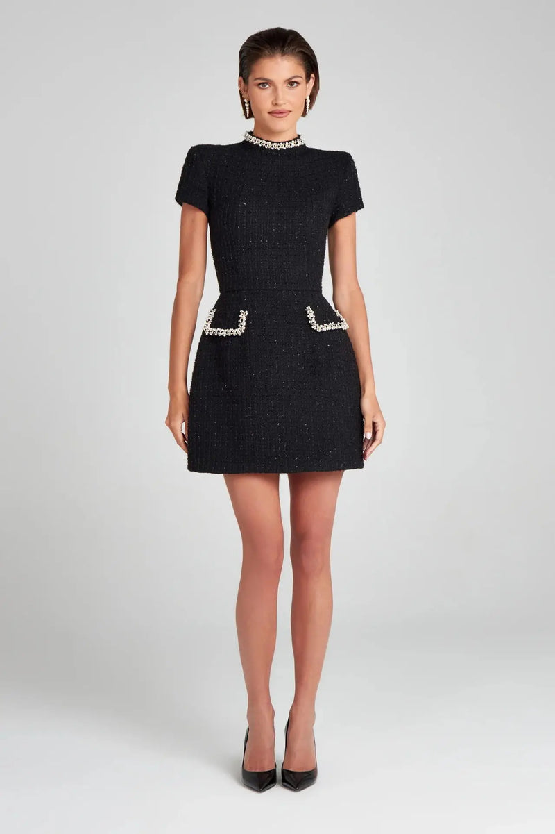 Elegant Tweed A-Line Slim Short Sleeve Retro O-Neck Patchwork Dress