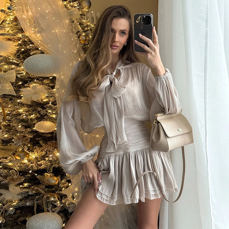 Chiffon Bow Tie Top High Waisted Mini Dress