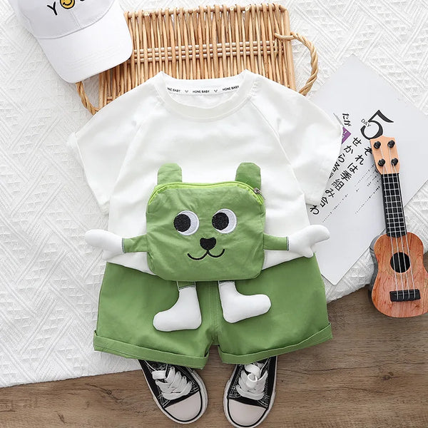Short Sleeve Pocket Cartoon T-shirt Shorts 2PCS
