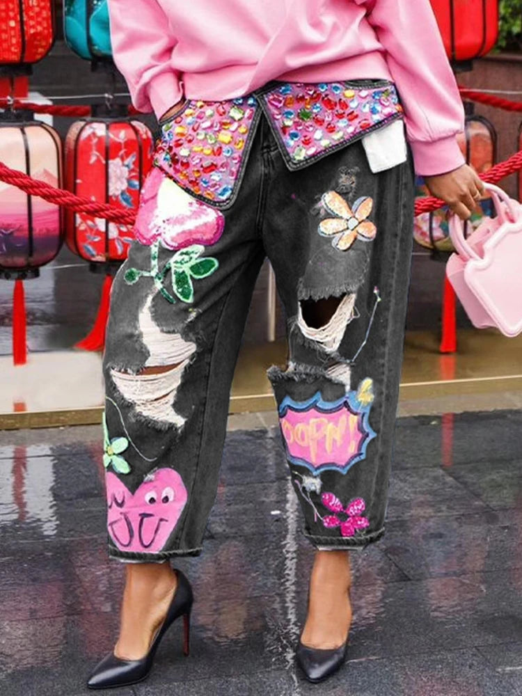 Spring Floral Embroidery Diamonds Beaded Holes Denim Pants